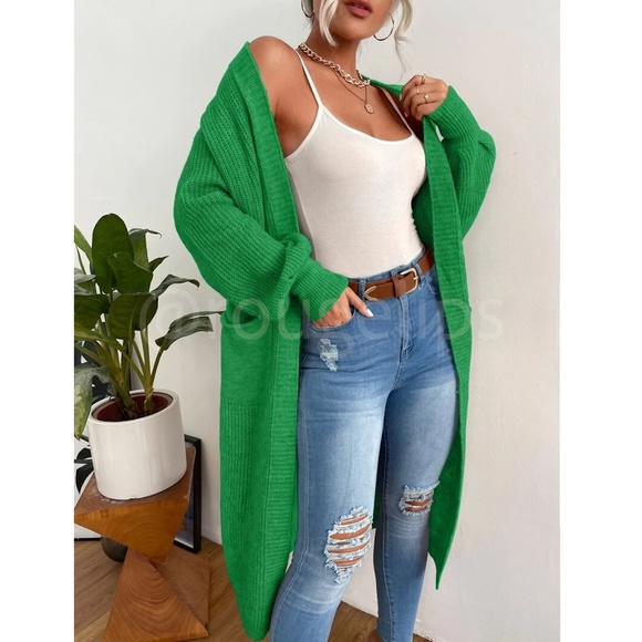 Green Duster Cardigan Front Pockets Cable Knit Long Sleeve Midi Length - Picture 5 of 9